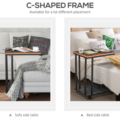 HOMCOM C Shaped Side Table with Wheels, Mobile End Table, Laptop Stand with Metal Frame & Storage Shelf, Rustic Brown