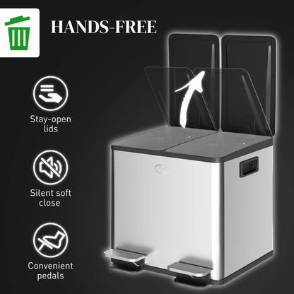 HOMCOM 30L Dual Compartment Stainless Steel Kitchen Bin with Deodoriser Holders - Silver Tone
