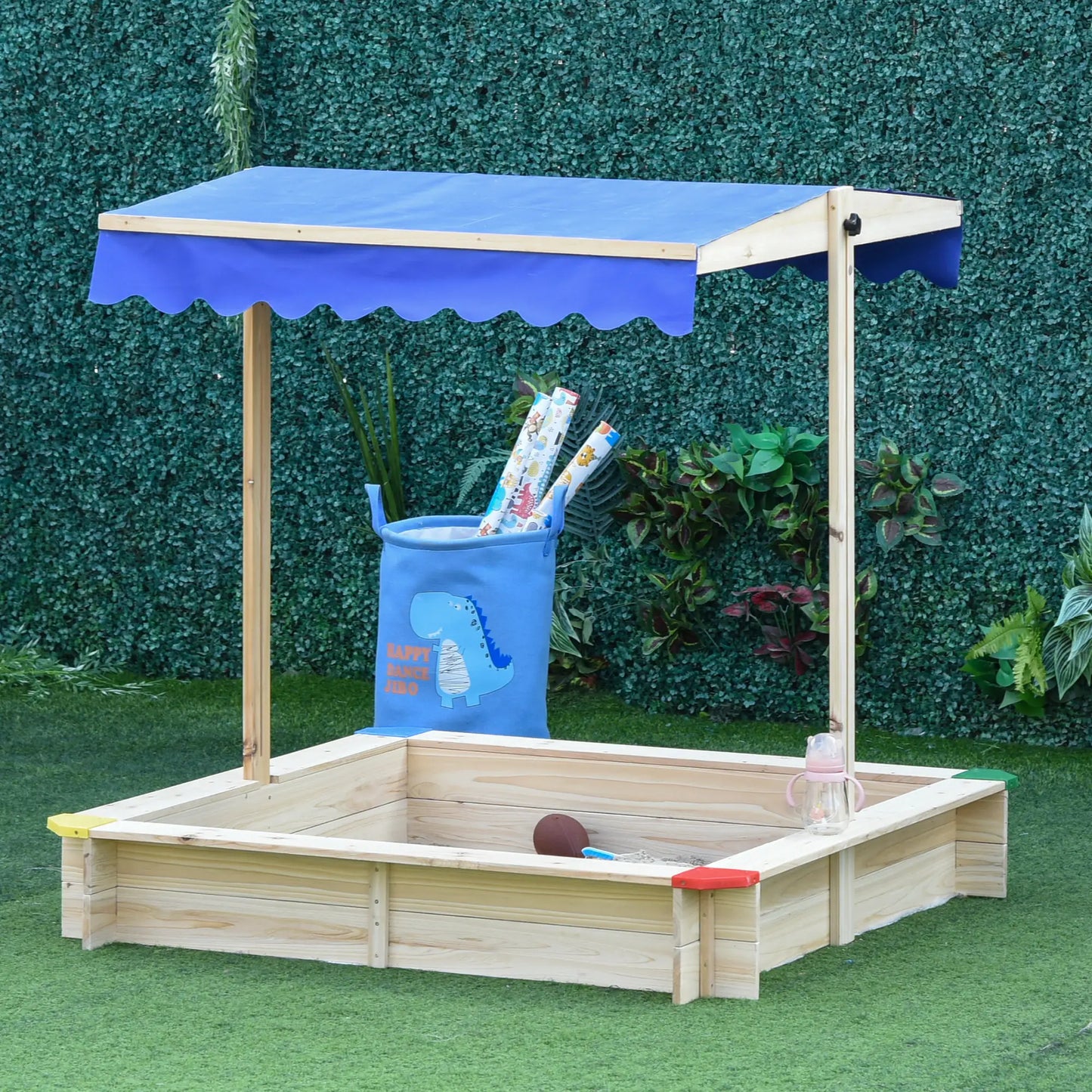 Outsunny Kids Wooden Sand Pit Children Square Sandbox Outdoor Playset Play Station Adjustable Canopy Bench Seat