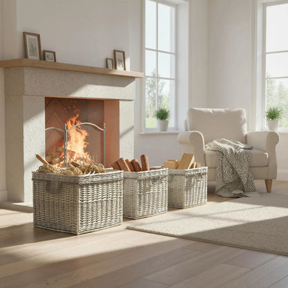 Outsunny Set of 3 Log Baskets for Wood Burner Indoor, Storage Wicker Basket with Rope Handles, Beige