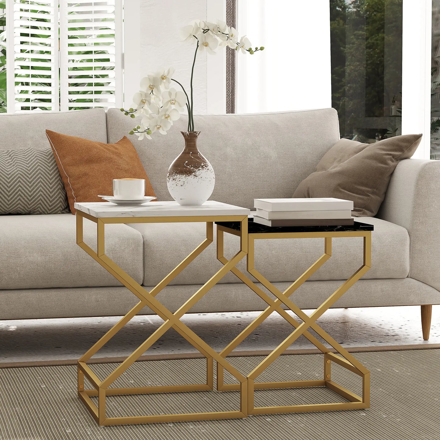 HOMCOM Set of Two Side Table Marble-Effect Nesting Bedside Tables