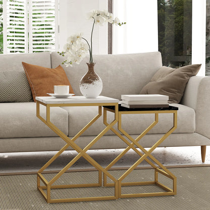 HOMCOM Set of Two Side Table Marble-Effect Nesting Bedside Tables