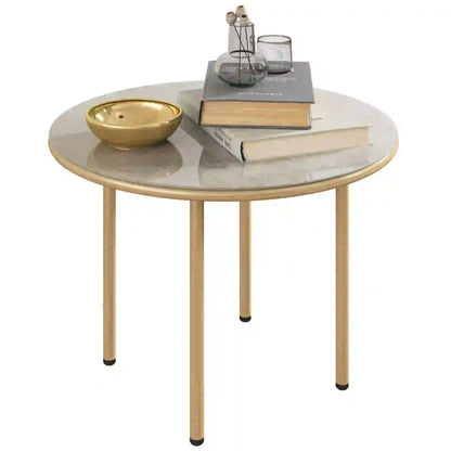 Outsunny Round Coffee Table, End Side Table with Faux Marble Tempered Glass Top, Steel Frame for Home, Office, Beige