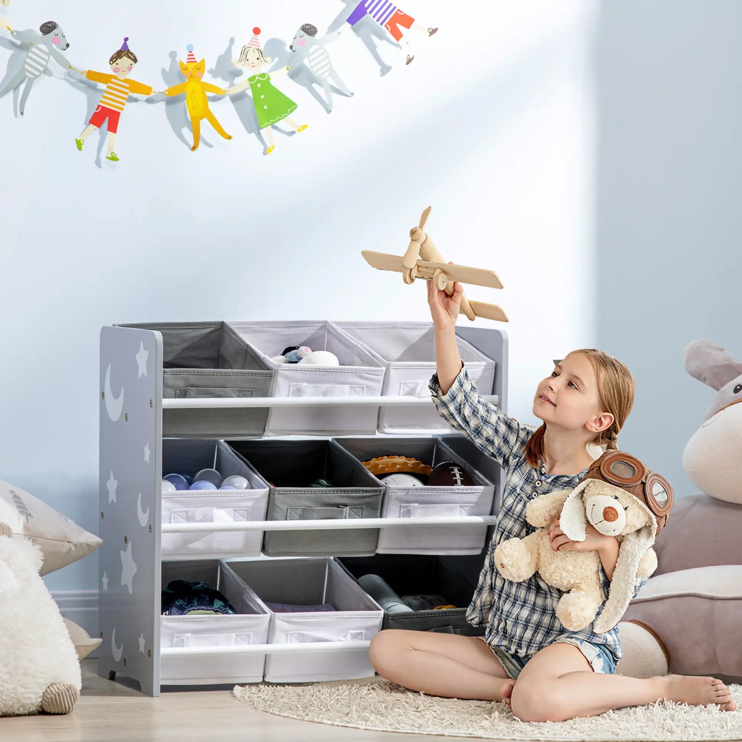 ZONEKIZ Kids Storage Rack with Nine Removable Baskets for Nursery, Bedroom, Playroom - Grey