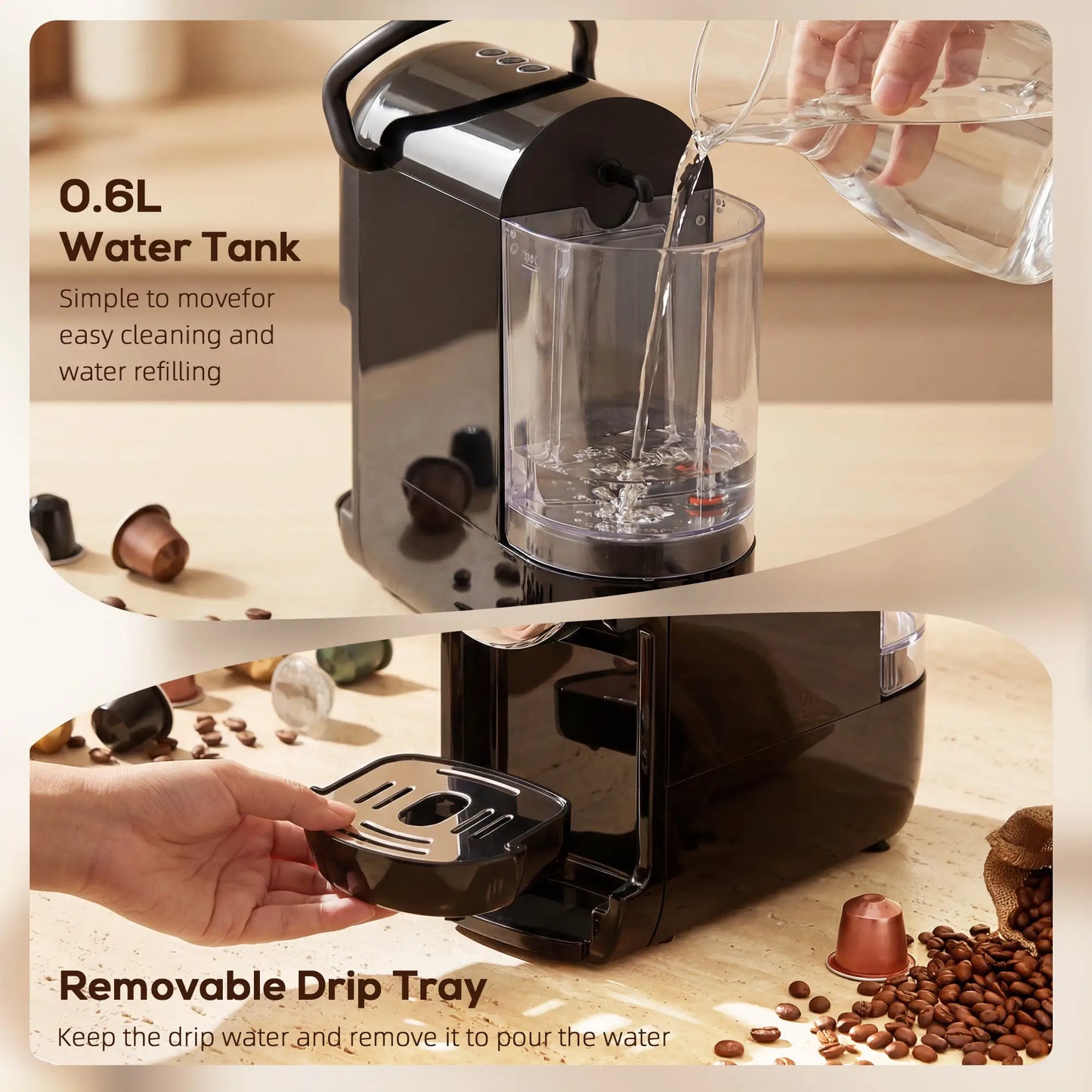 HOMCOM 0.6L Pod Coffee Machine for Nespresso, Dolce Gusto Capsule & Ground Coffee, Small Semi Automatic Coffee Maker