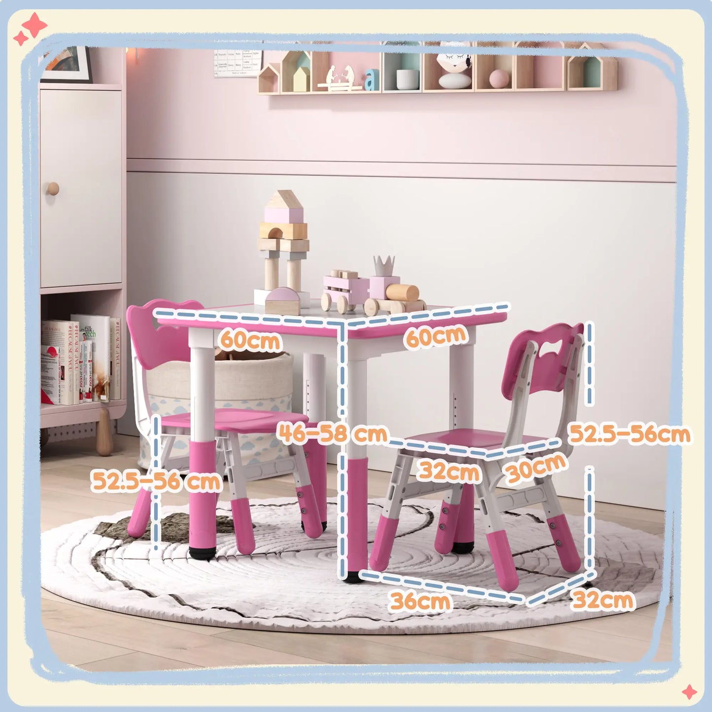 AIYAPLAY Height Adjustable Toddler Table and Chair Set, 3-Piece Children Activity Table w/ 2 Chairs for Playroom - Pink