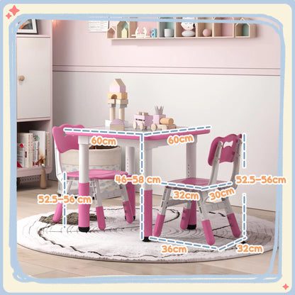 AIYAPLAY Height Adjustable Toddler Table and Chair Set, 3-Piece Children Activity Table w/ 2 Chairs for Playroom - Pink
