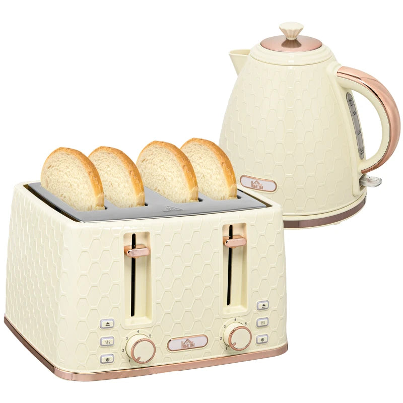 HOMCOM Kettle and Toaster Set, 1.7L 3000W Fast Boil Jug Kettle with Auto Shut Off, 4 Slice Toaster with 7 Level Browning Controls, Beige