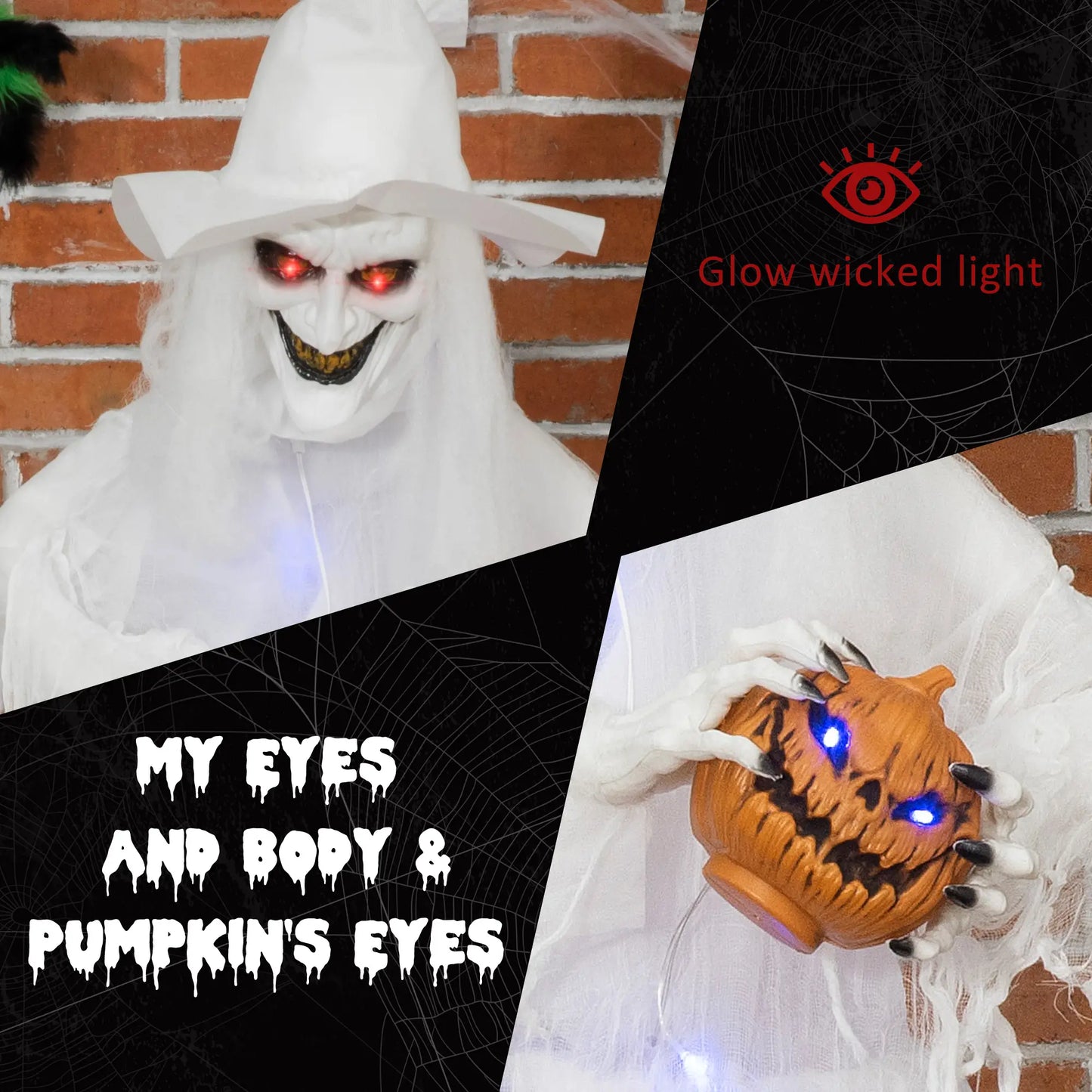 Outsunny Halloween Decorations White Witch Holding Pumpkin Head, Ghost Prop with Light Up Eyes & Body