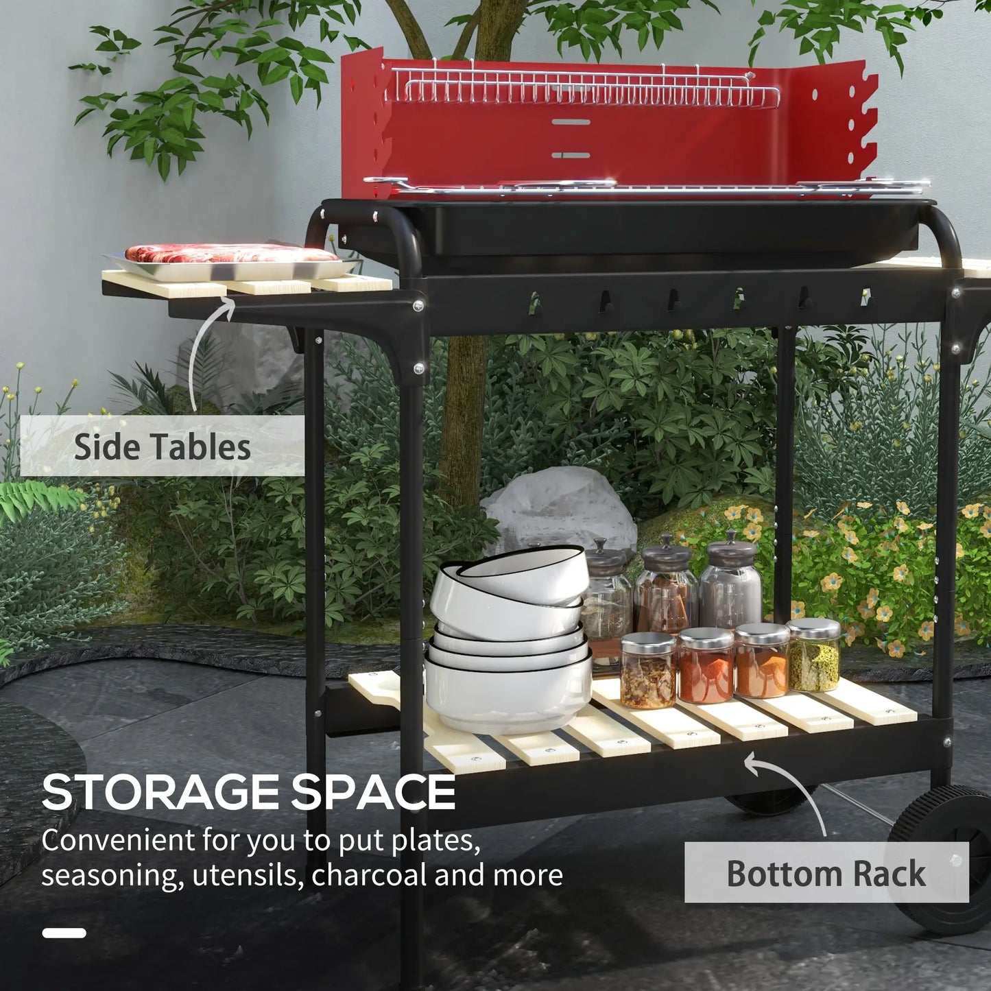 Outsunny Charcoal BBQ, with Five Position Barbecue Grill Grate - Red