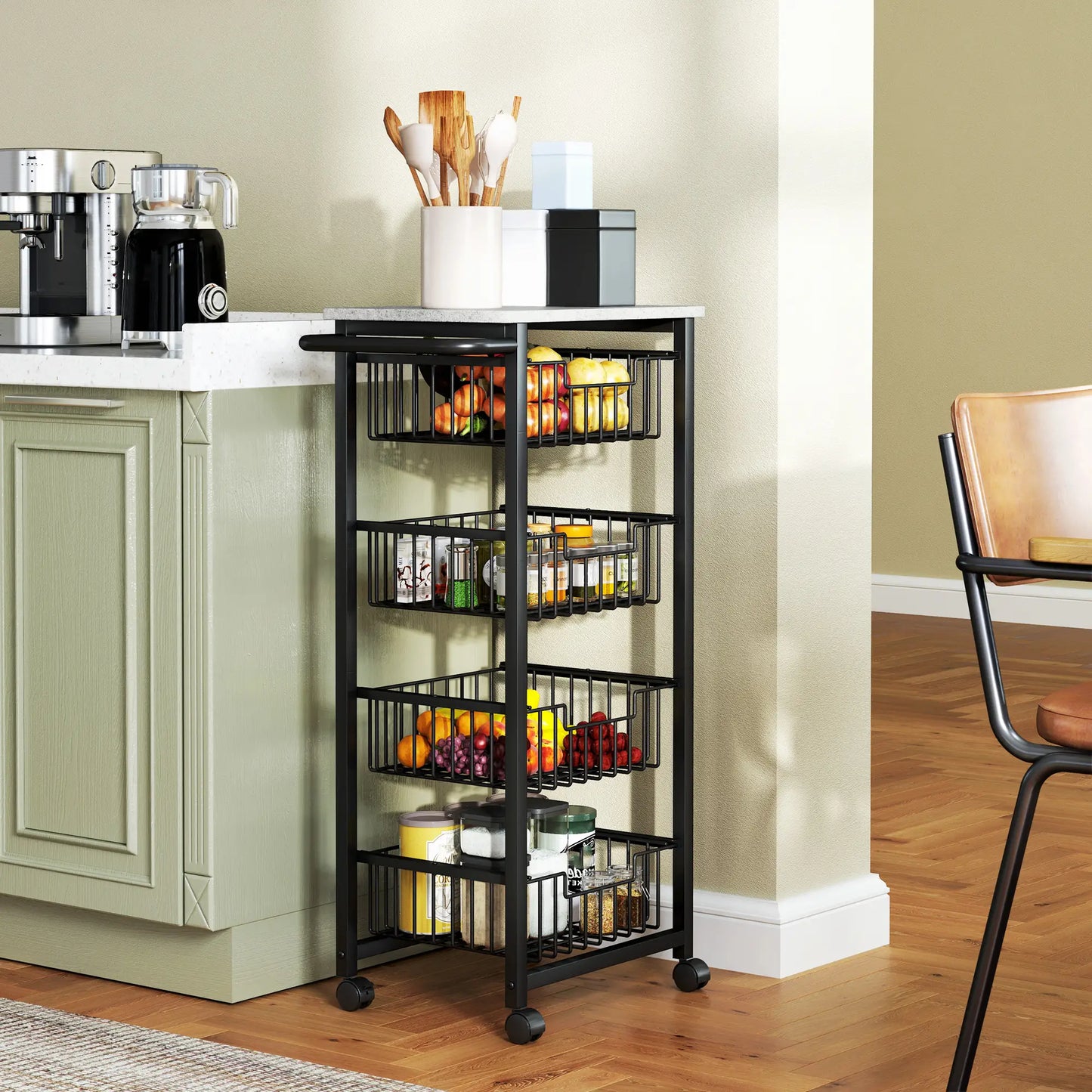 HOMCOM Movable Storage Trolley, Four Basket Mobile Kitchen Dining Island, with Brakes - Grey/Black