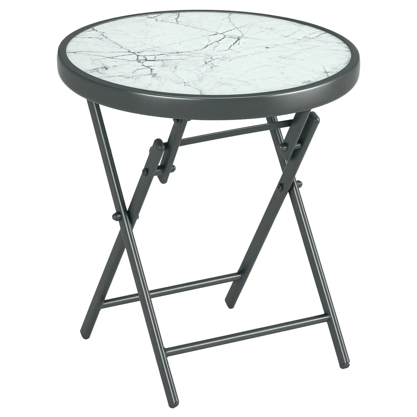 Outsunny Garden Small Coffee Side Table, Outdoor Round Folding Patio Table with Marble Glass Top, White