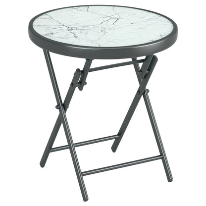 Outsunny Garden Small Coffee Side Table, Outdoor Round Folding Patio Table with Marble Glass Top, White