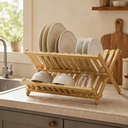 HOMCOM 2-Tier Foldable Kitchen Storage Rack with Slatted Draining Shelves, Natural Wood Finish