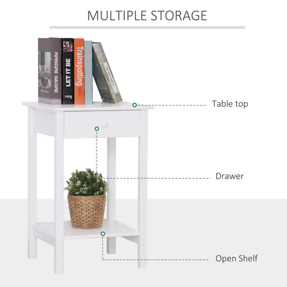HOMCOM Wooden Side Table, Bedside Cabinet with Drawer and Storage Shelf for Bedroom, White