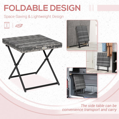 Outsunny Square PE Wicker Weave Rattan Folding Table, Weather Resistant Side Table with Steel Frame, Grey