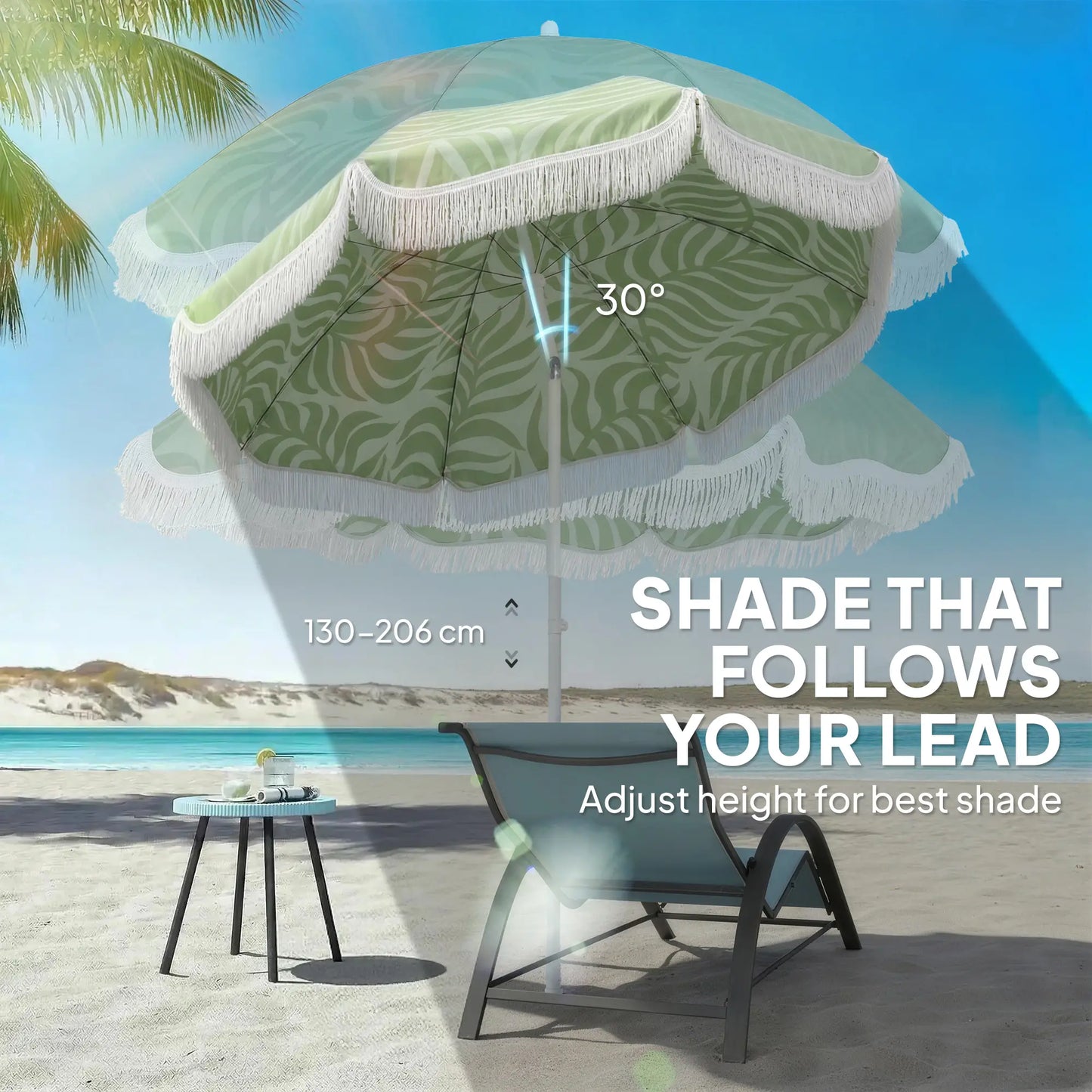 Outsunny Beach Umbrella Parasol with Sand Anchor, Portable Tilting Garden Parasol with Adjustable Height, Green