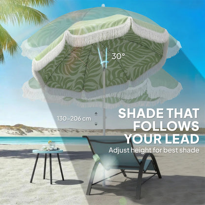 Outsunny Beach Umbrella Parasol with Sand Anchor, Portable Tilting Garden Parasol with Adjustable Height, Green