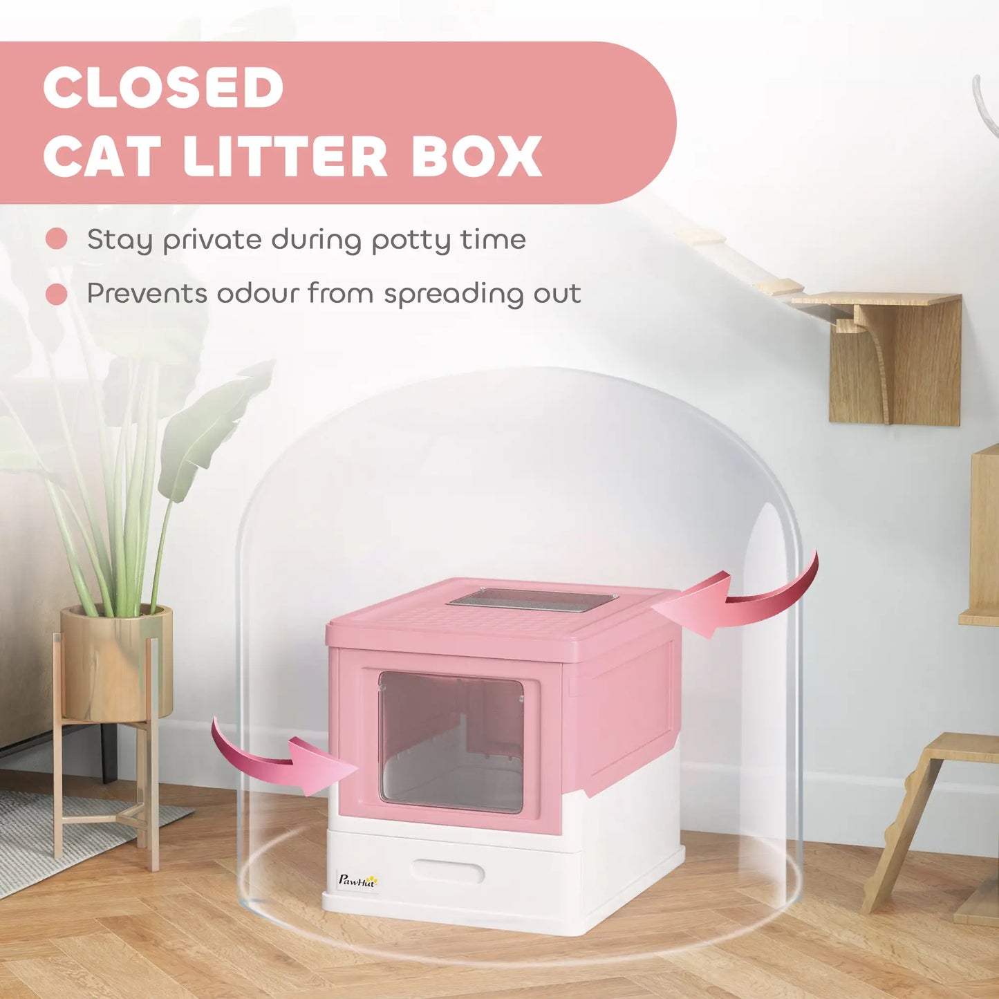 PawHut Hooded Cat Litter Box, Portable Pet Toilet with Scoop, Front Entry - Pink