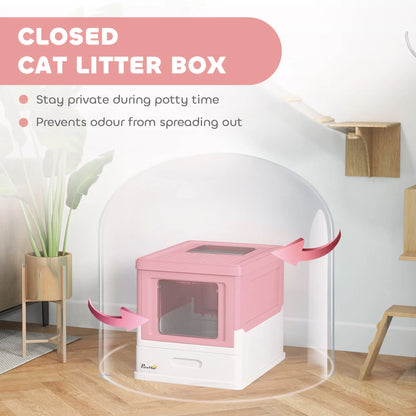 PawHut Hooded Cat Litter Box, Portable Pet Toilet with Scoop, Front Entry - Pink