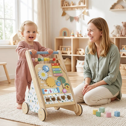 AIYAPLAY Wooden Baby Walker, Toddler Push Along Walker with Speed Control, Activity Centre for 18 Months+