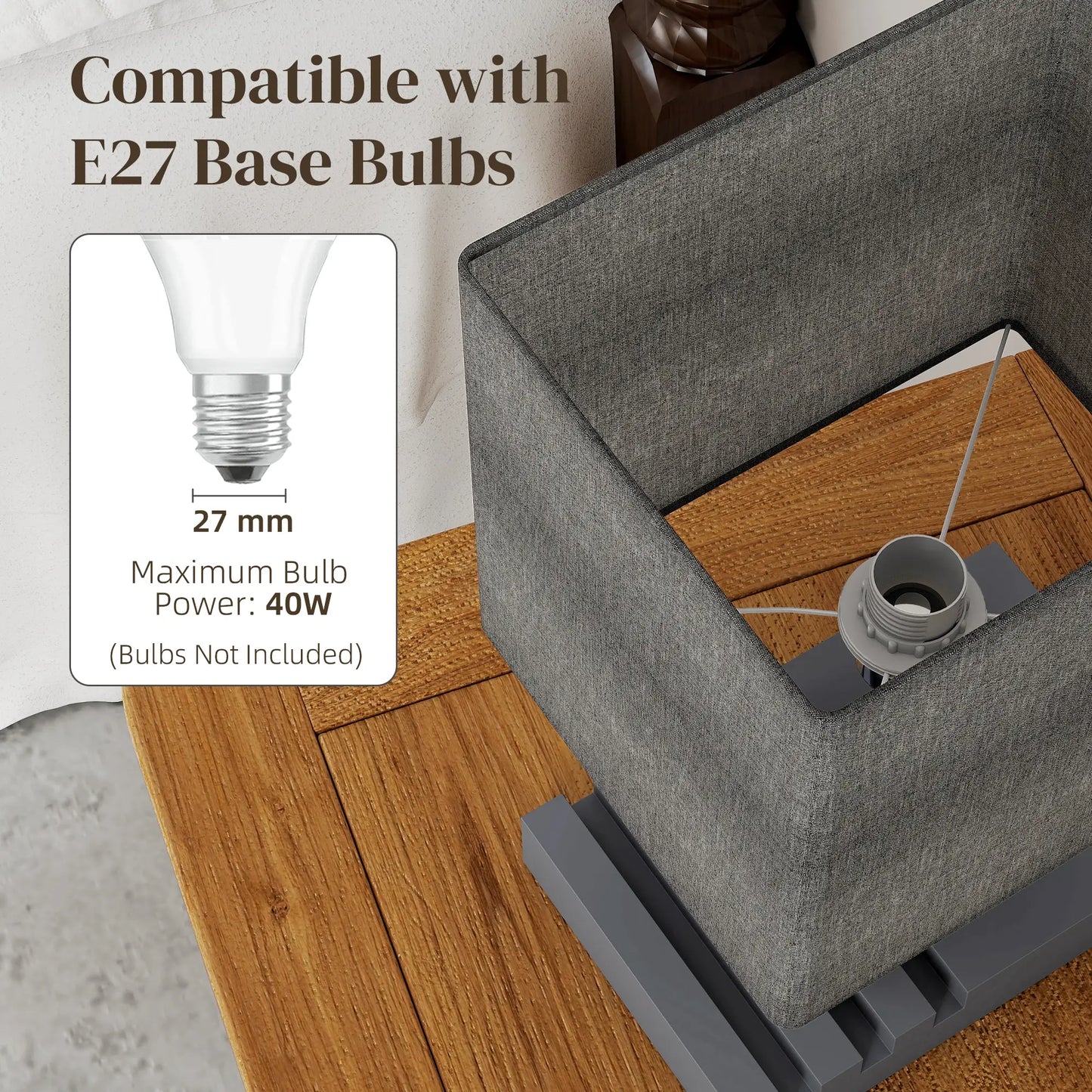HOMCOM Bedside Lamp with USB A+C Charging Ports & 3 Phone Stands, Table Lamp with Wood Base, Grey