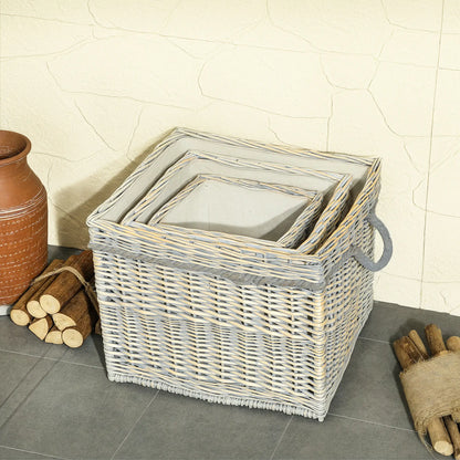 Outsunny Set of 3 Log Baskets for Wood Burner Indoor, Storage Wicker Basket with Rope Handles, Beige