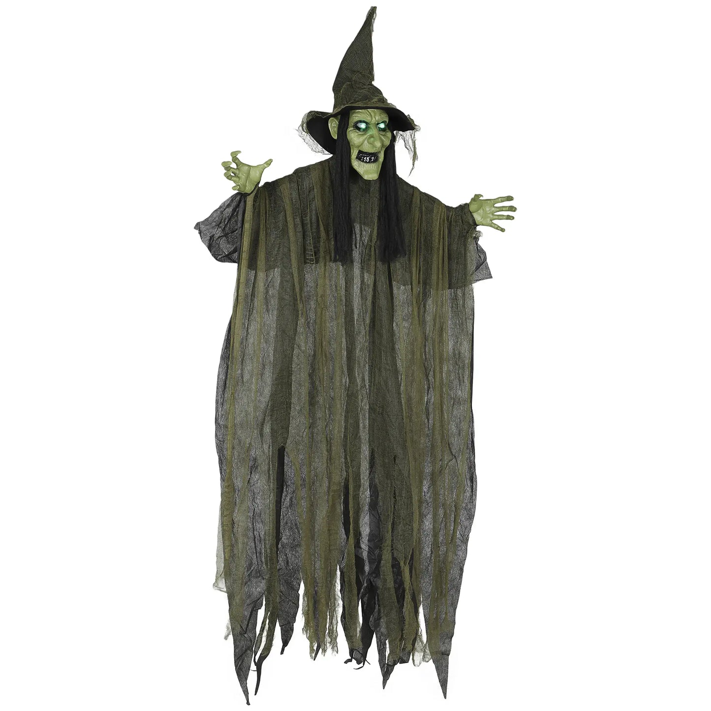 Outsunny 170 cm Hanging Halloween Animated Spooky Witch with Glowing LED Eyes, Scary Halloween Decorations, Battery Operated