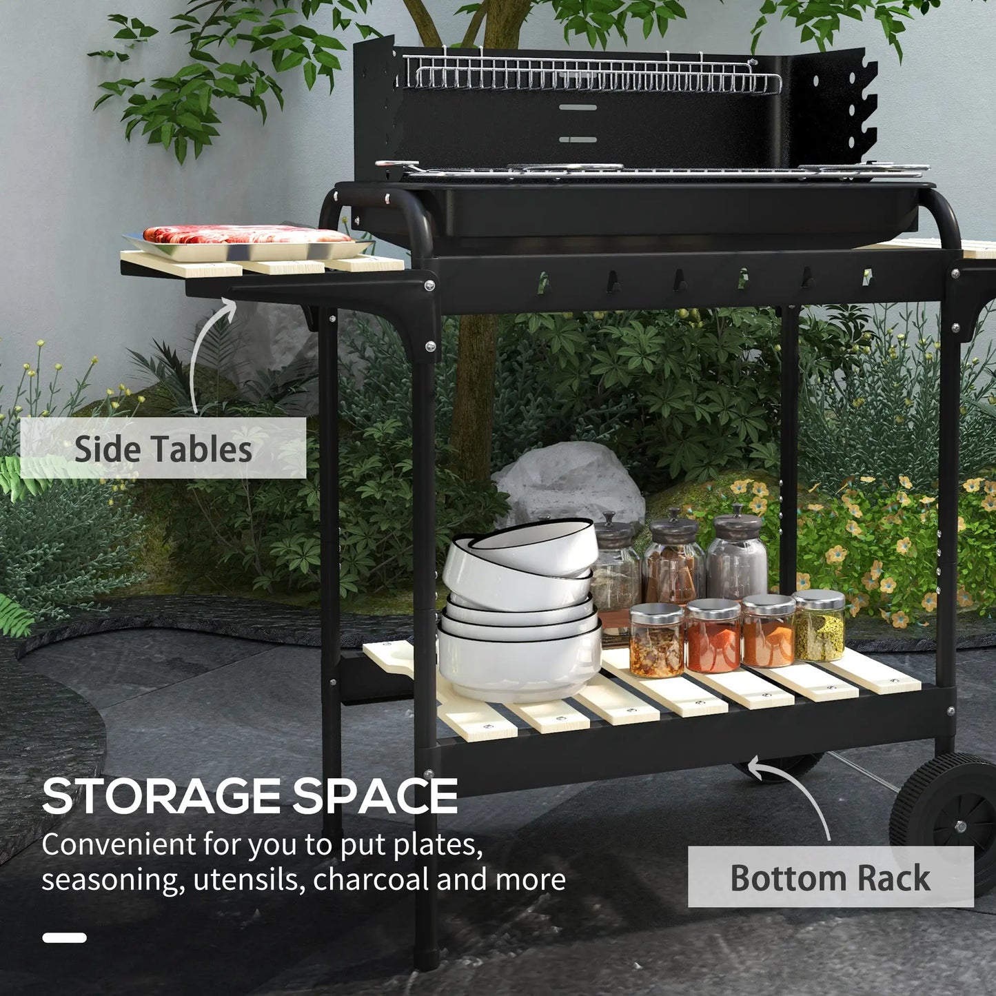 Outsunny Charcoal Barbecue Grill with Adjustable Height, Portable BBQ Trolley with Ash Catcher for Outdoor Garden Party Cooking, Black