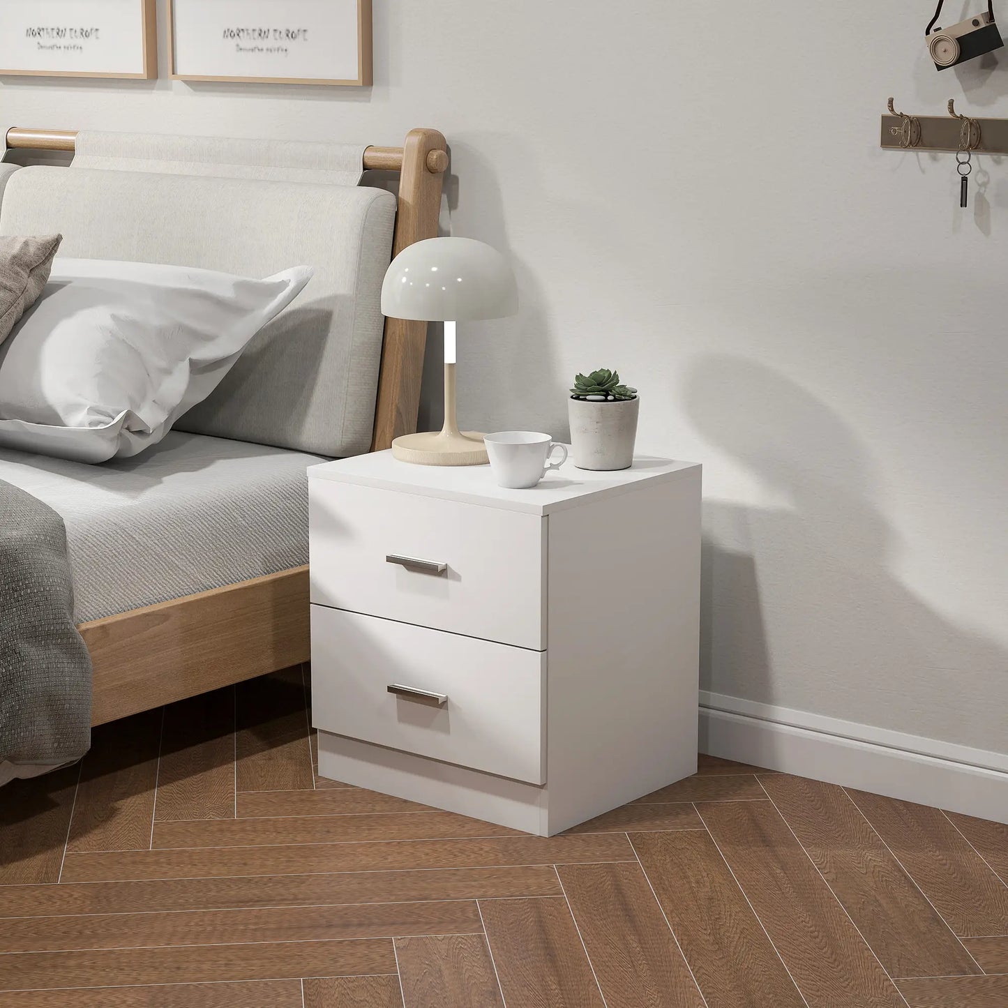 HOMCOM Modern Bedside Table, Beside Cabinet with 2 Drawers for Bedroom, Living Room, White