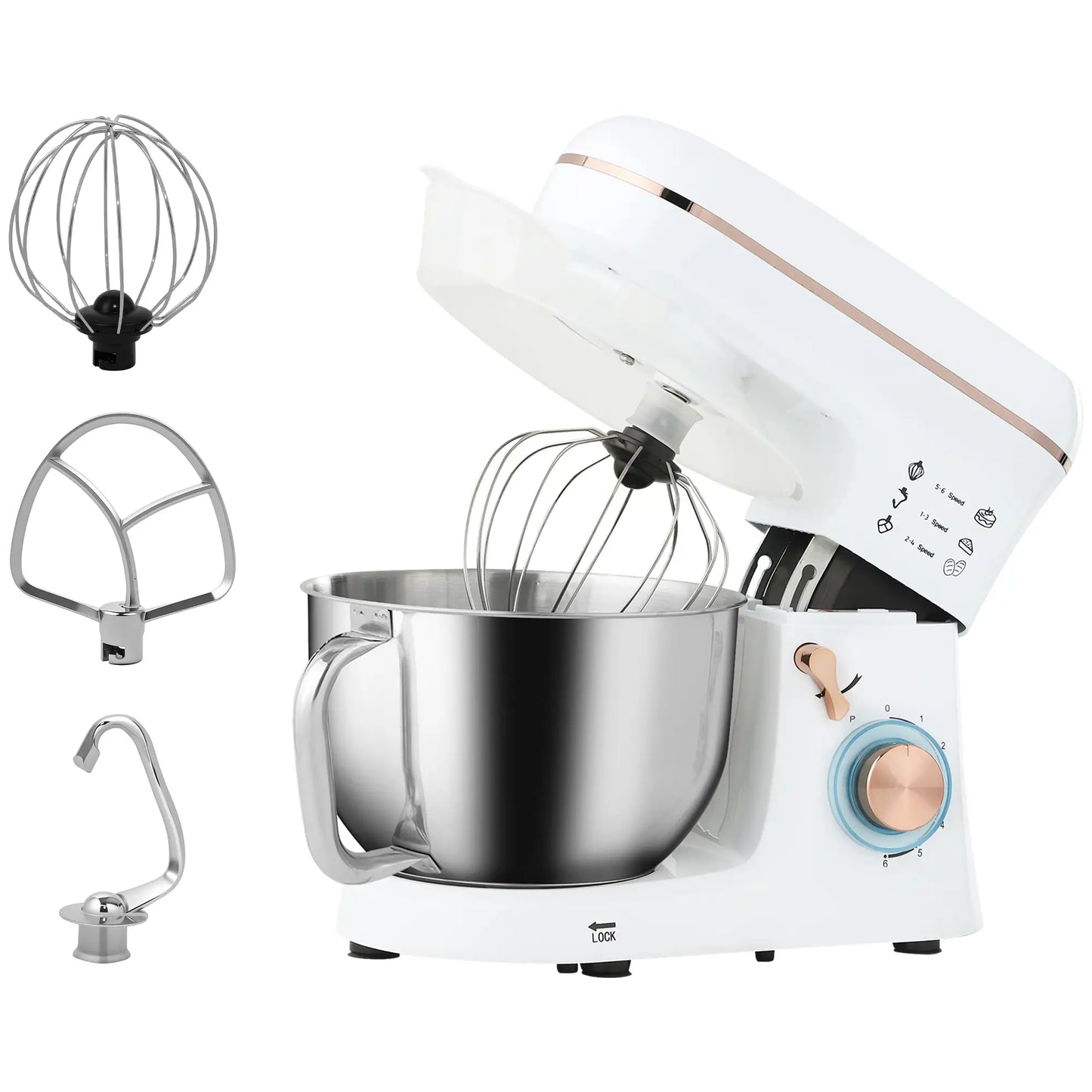 HOMCOM Stand Mixer, 5L Electric Kitchen Food Mixer 1400W with 6 Speeds & Pulse Setting, White