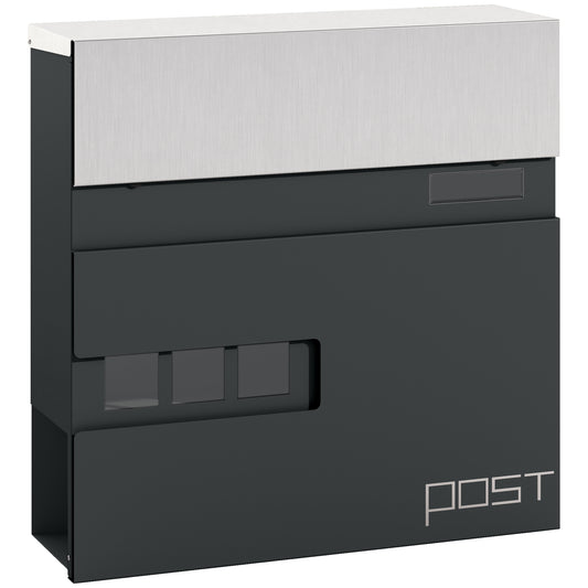 HOMCOM Locking Galvanised Steel Letterbox w/ Viewing Window Post Box, Mailbox - Charcoal Grey/Black