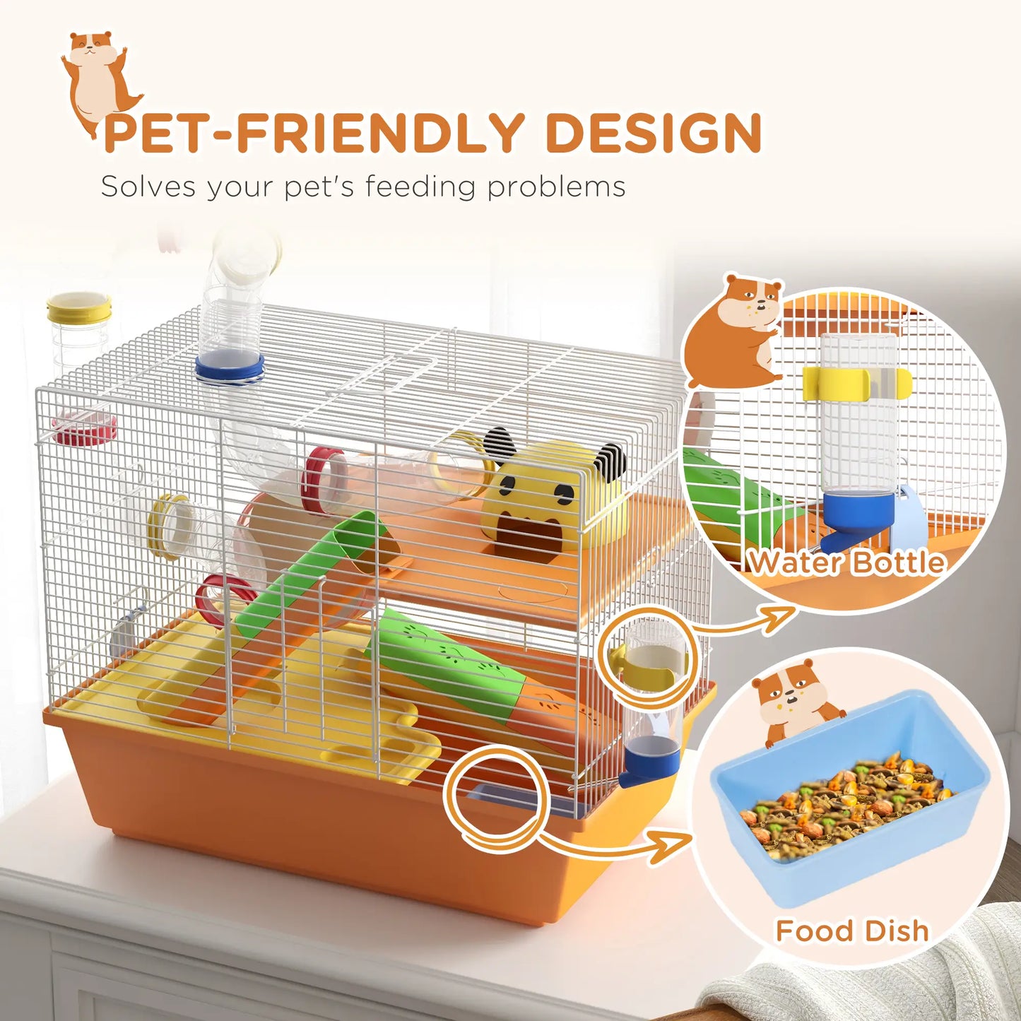PawHut 3 Tiers Gerbil Cage, Hamster Cage with Tubes, Exercise Wheel, Ladder, Top Handle - Orange