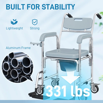 HOMCOM Rolling Shower Wheelchair for Seniors, Bedside Commode Chair with Locking Wheels, Backrest, Arms, Grey