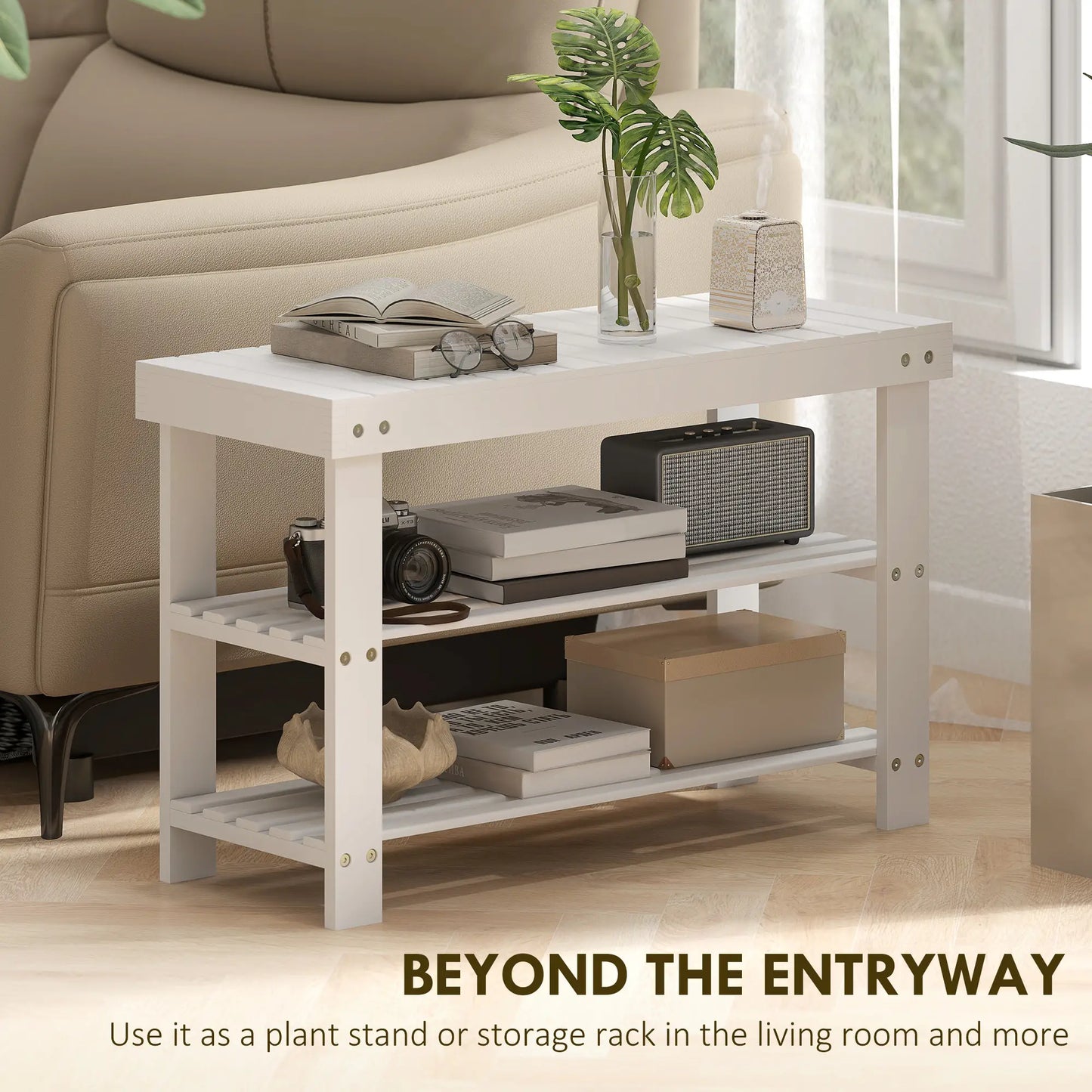 HOMCOM Two Shelf Bamboo Shoe Storage Bench Home Hallway Furniture - White