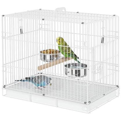 PawHut Bird Cage Foldable Portable Budgie Cage with Wooden Perch 2 Bowls for Travel, White