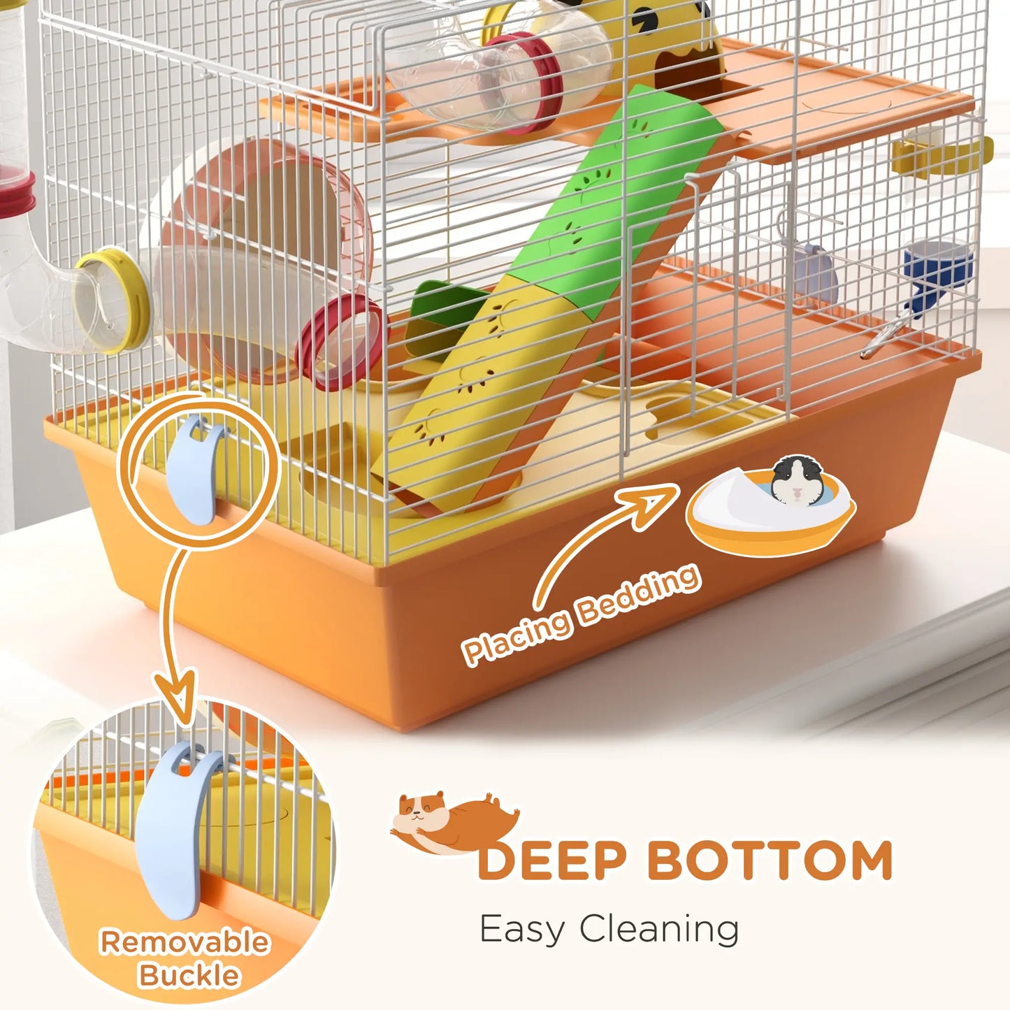 PawHut 3 Tiers Gerbil Cage, Hamster Cage with Tubes, Exercise Wheel, Ladder, Top Handle - Orange
