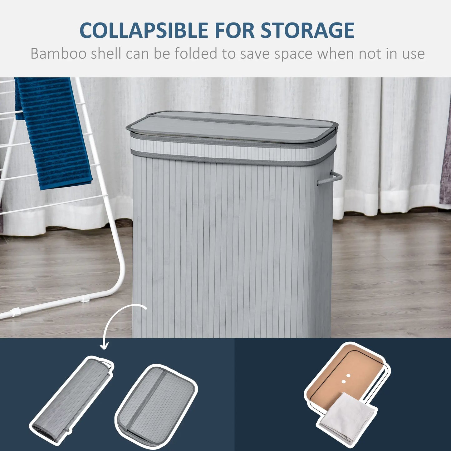 HOMCOM 100L Natural Wood Laundry Basket Compartment w/Flip Lid Removable Lining Handles Foldable, Dirty Clothes Storage, Grey