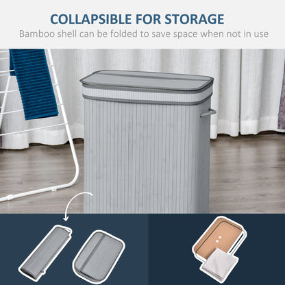 HOMCOM 100L Natural Wood Laundry Basket Compartment w/Flip Lid Removable Lining Handles Foldable, Dirty Clothes Storage, Grey