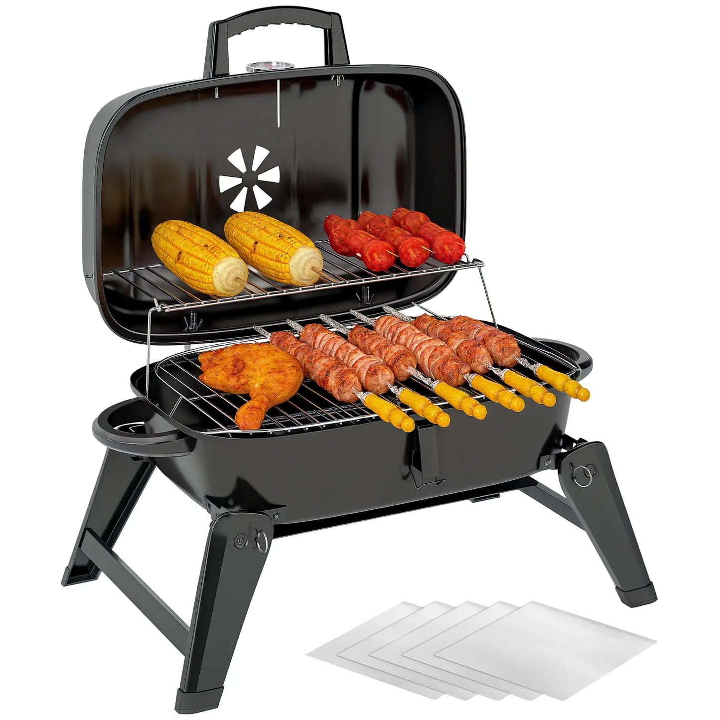 Outsunny Charcoal Barbecue Grill Folding Portable BBQ Grill with Thermometer for Camping & Picnic, Black