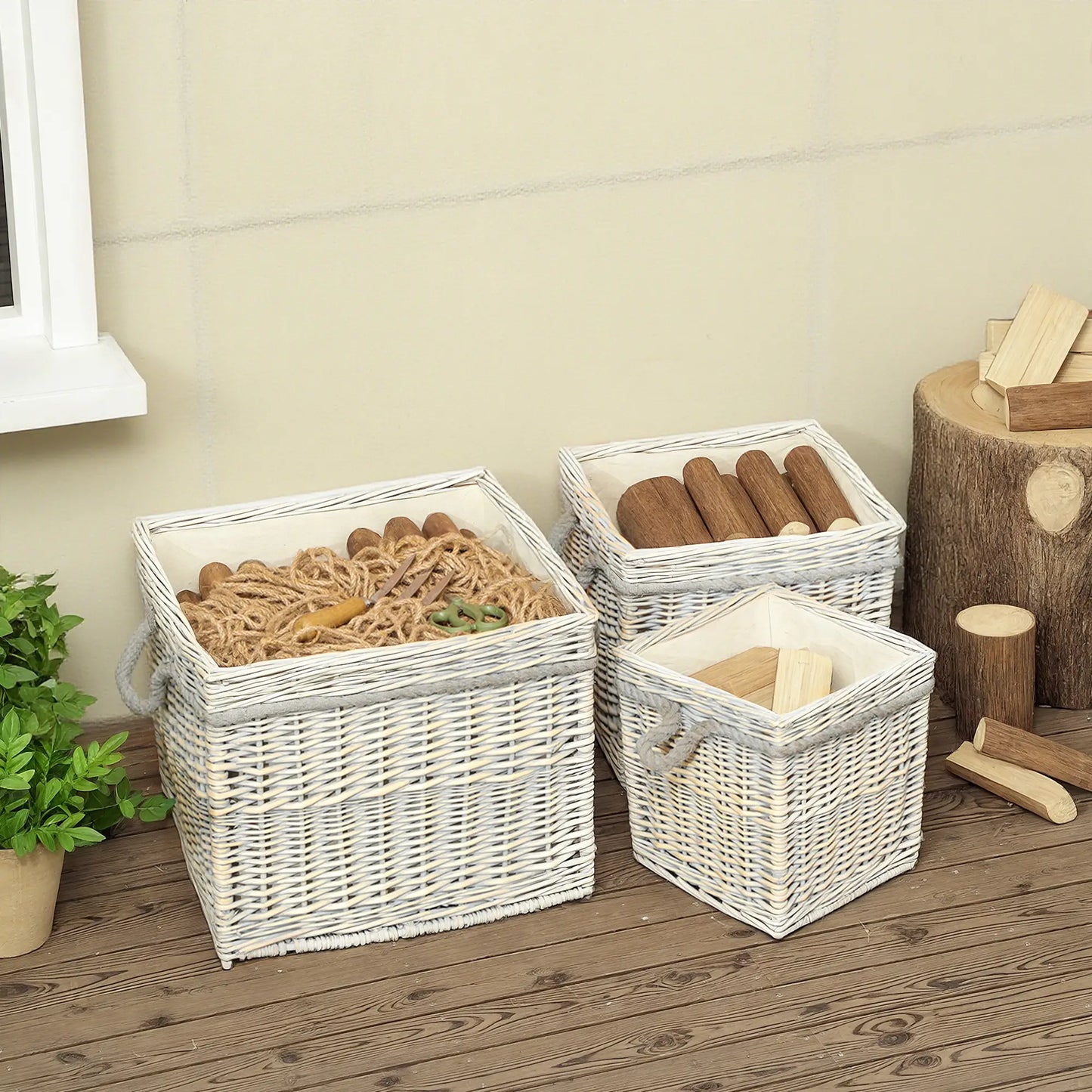 Outsunny Set of 3 Log Baskets for Wood Burner Indoor, Storage Wicker Basket with Rope Handles, Beige
