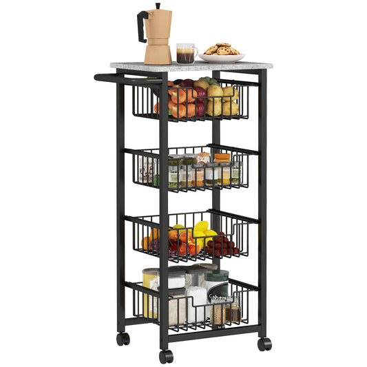 HOMCOM Movable Storage Trolley, Four Basket Mobile Kitchen Dining Island, with Brakes - Grey/Black