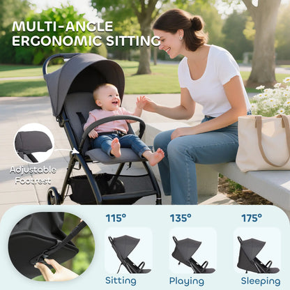 AIYAPLAY Travel Stroller, Lightweight Pushchair, Compact Buggy with Canopy, Basket & Multi-Position Recline, Dark Grey