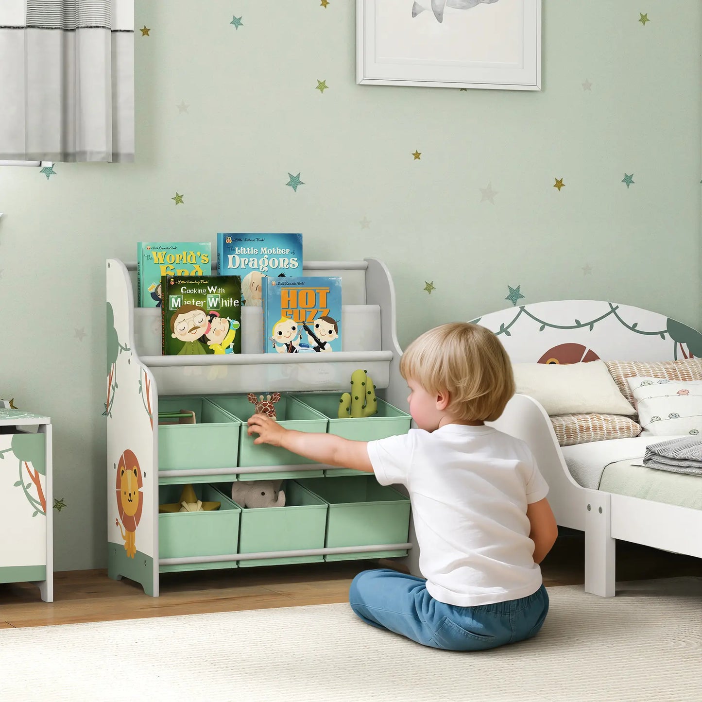 AIYAPLAY Kids Storage Unit, Toy Organiser with 6 Fabric Drawers & 2-Tier Book Rack for Bedroom, Playroom, Green