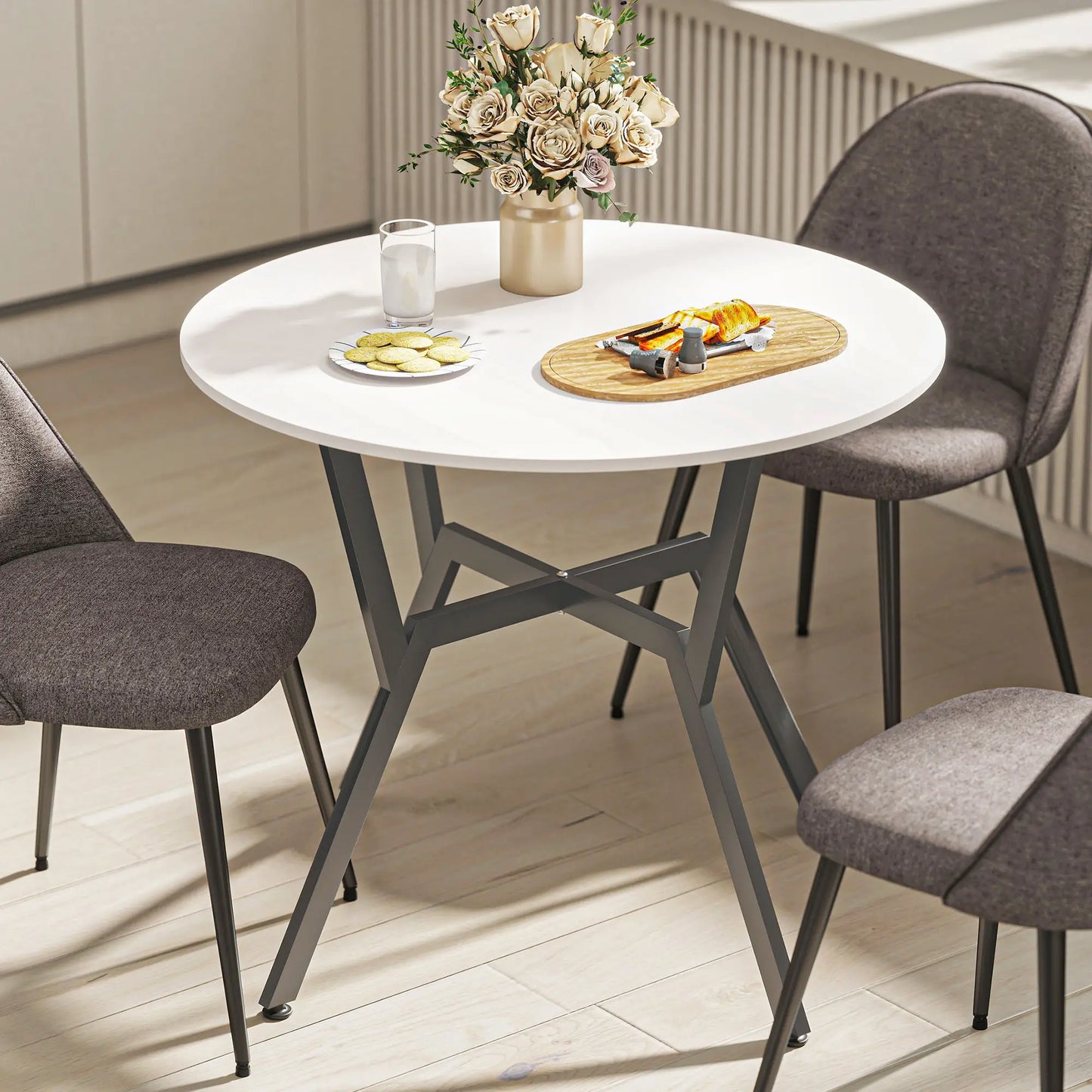 HOMCOM Dining Table, Round Kitchen Table with Black Legs, High Gloss White