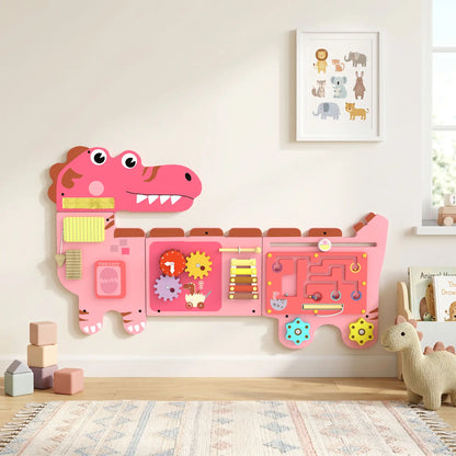 AIYAPLAY Busy Board Panels, Wall Mounted Montessori Inspired, Toddler Learning Centre Dinosaur Theme, Pink