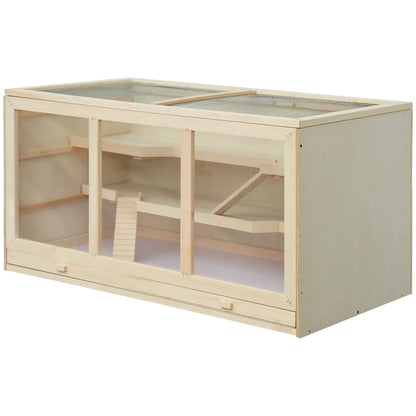 PawHut Wooden Hamster Cage, Small Animals Hutch with Openable Top, Exercise Play House Pen, Natural