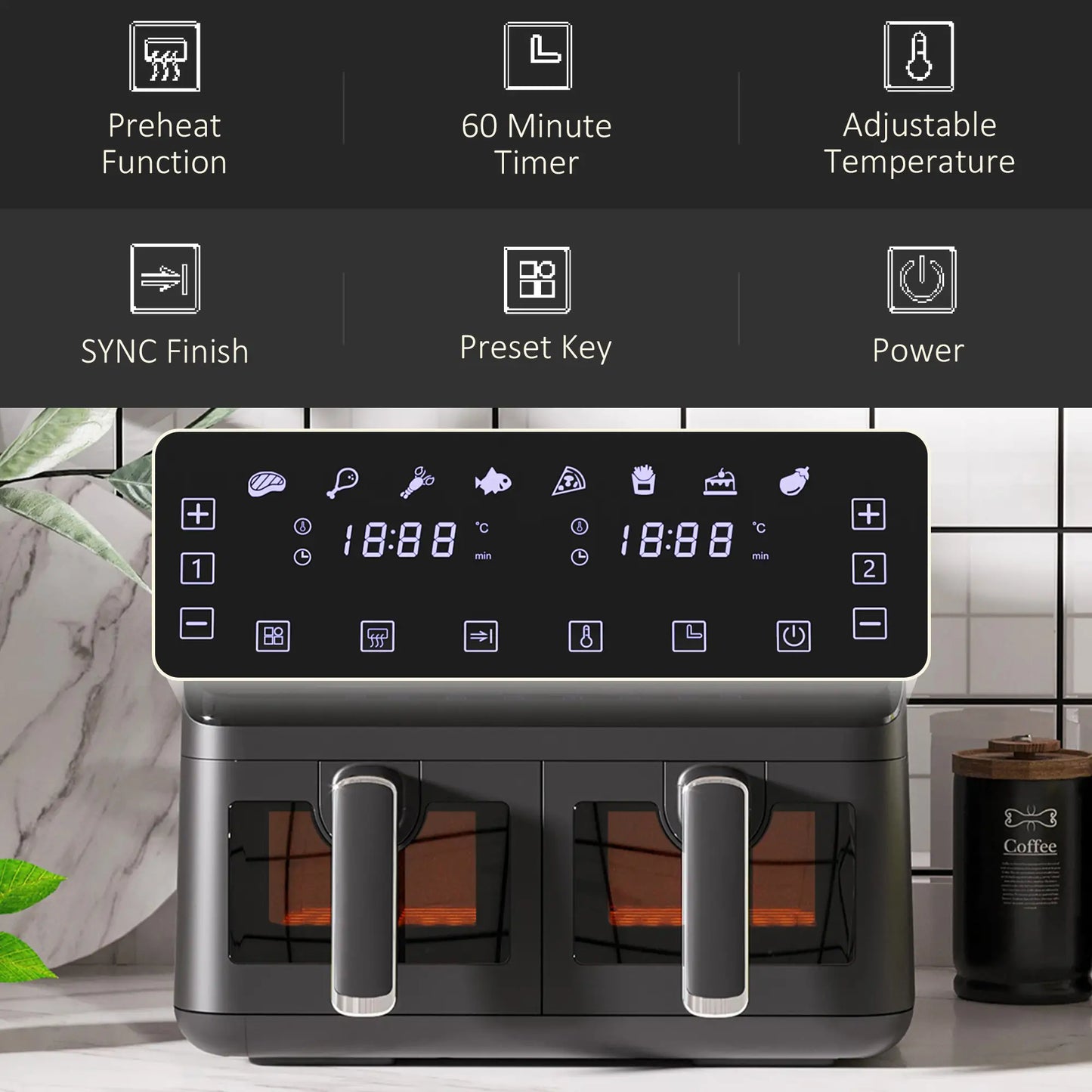 HOMCOM 8L Dual Basket Air Fryer, 8-in-1 Air Fryer Oven with Digital Display, Timer, Preheat for Oil Free Low Fat Cooking, 2500W