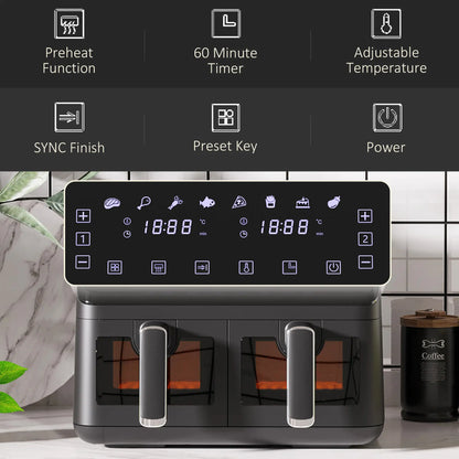 HOMCOM 8L Dual Basket Air Fryer, 8-in-1 Air Fryer Oven with Digital Display, Timer, Preheat for Oil Free Low Fat Cooking, 2500W