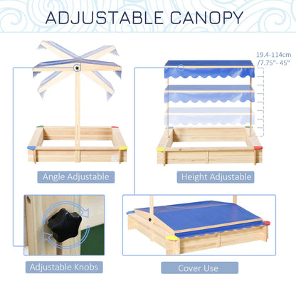 Outsunny Kids Wooden Sand Pit Children Square Sandbox Outdoor Playset Play Station Adjustable Canopy Bench Seat